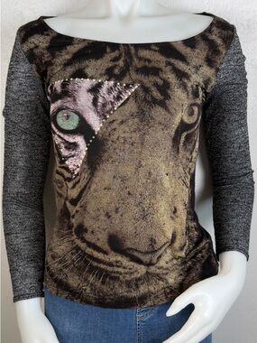 The Classic Women's Long Sleeve Tiger Top in Black, Gray Embellished